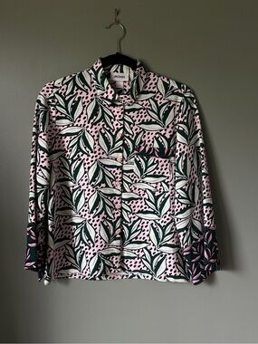Monki Pink and Green Leaf-Print Relaxed Button Shirt w/ Pocket - Size S